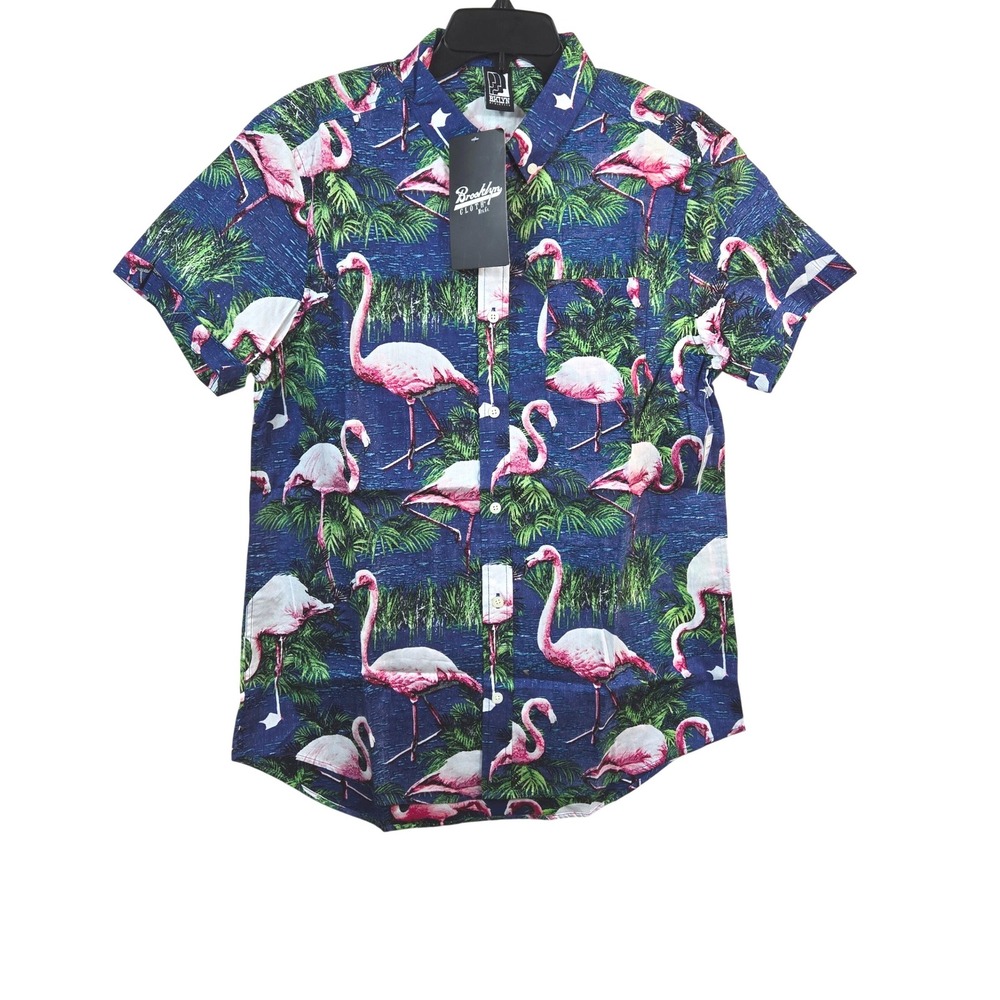 Bklyn Athletics Mens Blue Flamingo Reverse Print Tropical Button Shirt Large NEW